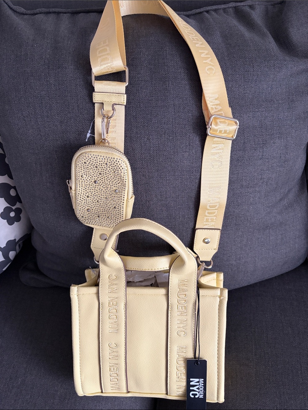 Madden NYC Yellow Crossbody Mini Tote with Detachable Strap and Pouch